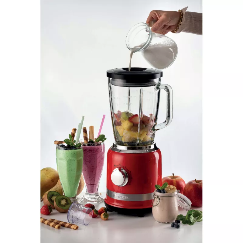 Ariete Moderna Czerwony Blender szklany dzbanek, Blender stołowy, 1,5 l, Funkcja pulsacyjna, Kruszenie lodu, 1000 W, Czerwony