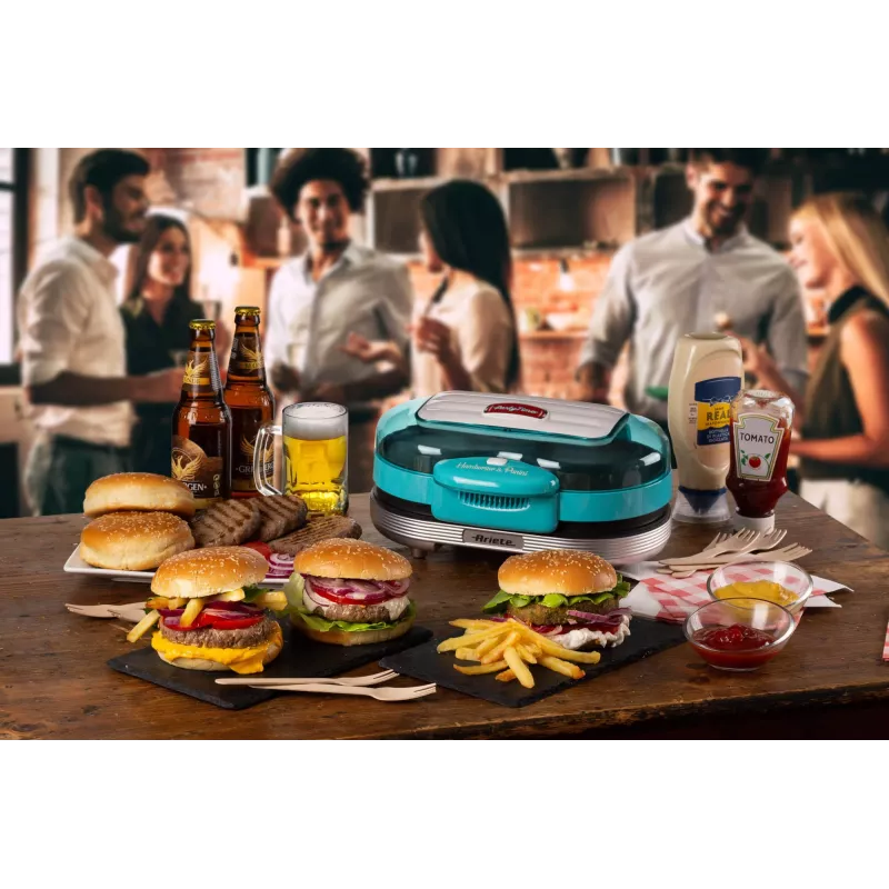 Ariete 205 Hamburger Maker Party Time, maszyna do robienia hamburgerów, 1200 W, podwójne nieprzywierające płyty, 2 komory, łatwy do czyszczenia, niebieski