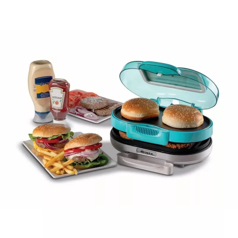 Ariete 205 Hamburger Maker Party Time, maszyna do robienia hamburgerów, 1200 W, podwójne nieprzywierające płyty, 2 komory, łatwy do czyszczenia, niebieski