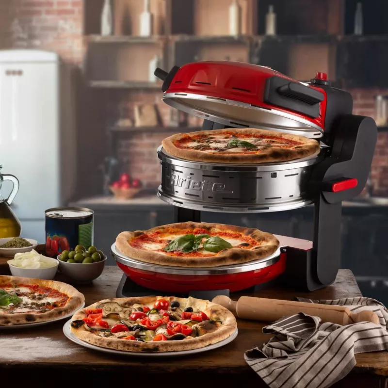 Ariete 927 Pizzeria, podwójny piec do pizzy, 2 pizze w 4 minuty, 2300 W, 2 kamienie szamotowe, 2 termostaty, średnica 32 cm, 5 poziomów pieczenia, 2 łopatki ze stali nierdzewnej, czerwony