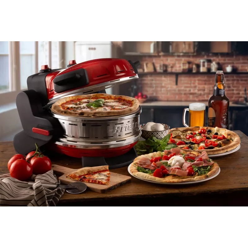 Ariete 927 Pizzeria, podwójny piec do pizzy, 2 pizze w 4 minuty, 2300 W, 2 kamienie szamotowe, 2 termostaty, średnica 32 cm, 5 poziomów pieczenia, 2 łopatki ze stali nierdzewnej, czerwony