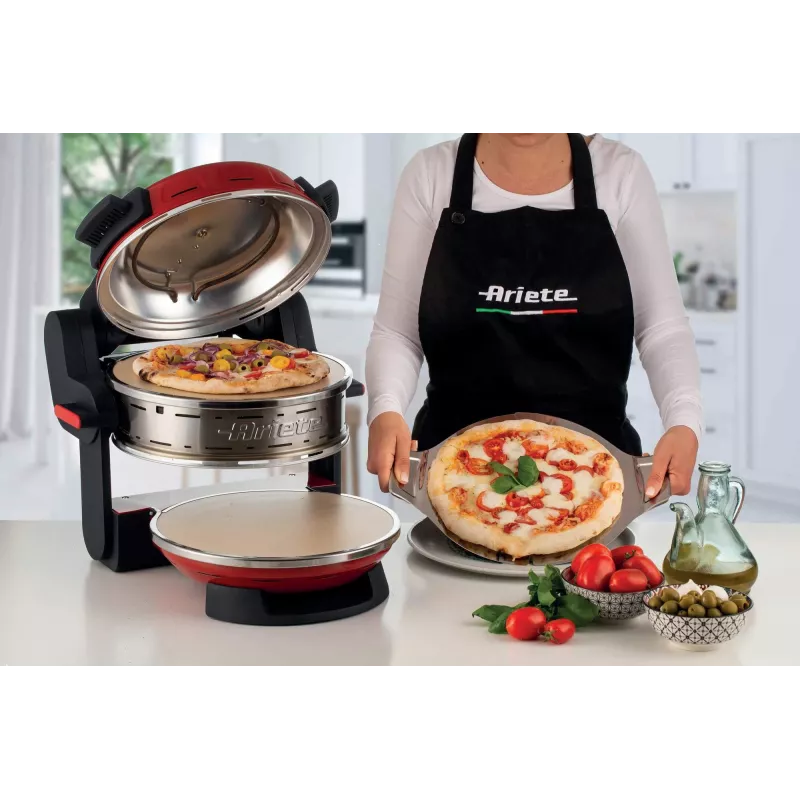 Ariete 927 Pizzeria, podwójny piec do pizzy, 2 pizze w 4 minuty, 2300 W, 2 kamienie szamotowe, 2 termostaty, średnica 32 cm, 5 poziomów pieczenia, 2 łopatki ze stali nierdzewnej, czerwony