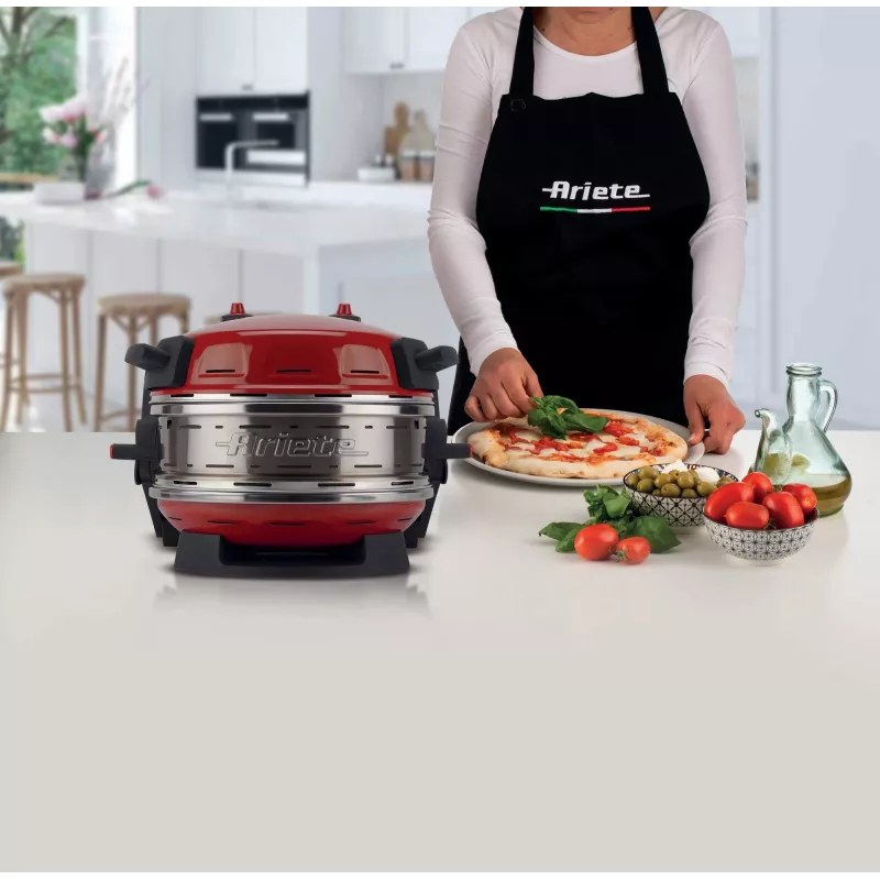 Ariete 927 Pizzeria, podwójny piec do pizzy, 2 pizze w 4 minuty, 2300 W, 2 kamienie szamotowe, 2 termostaty, średnica 32 cm, 5 poziomów pieczenia, 2 łopatki ze stali nierdzewnej, czerwony