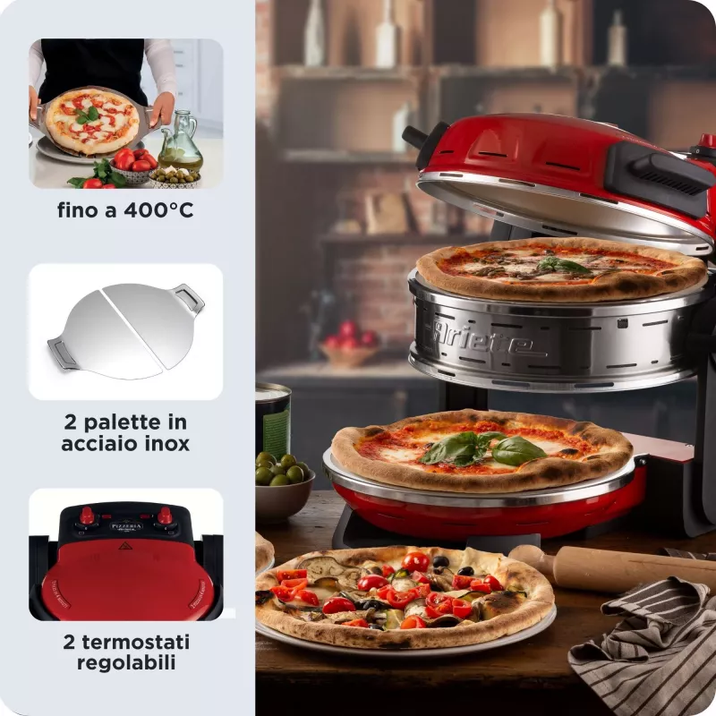Ariete 927 Pizzeria, podwójny piec do pizzy, 2 pizze w 4 minuty, 2300 W, 2 kamienie szamotowe, 2 termostaty, średnica 32 cm, 5 poziomów pieczenia, 2 łopatki ze stali nierdzewnej, czerwony