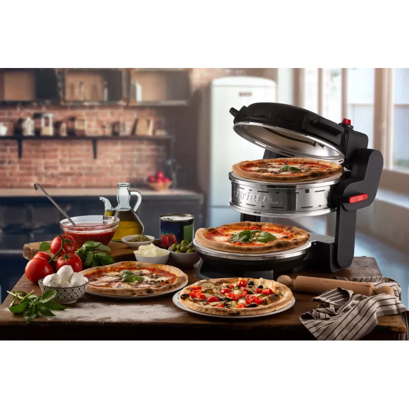 Ariete 927 Pizzeria, podwójny piec do pizzy, 2 pizze w 4 minuty, 2300 W, 2 kamienie szamotowe, 2 termostaty, średnica 32 cm, 5 poziomów pieczenia, 2 łopatki ze stali nierdzewnej, czerwony
