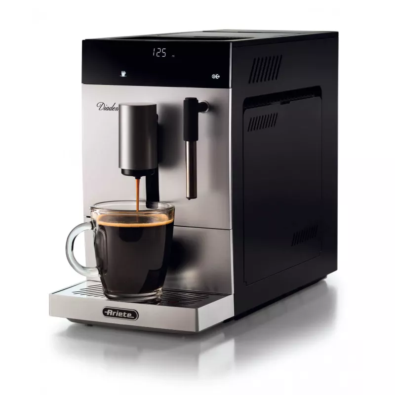 Ariete 1452 Diadema, Ekspres do kawy automatyczny, 1350 W, ciśnienie 19 barów, Do kawy, americano i gorącej wody, Dysza do cappuccino, Wyświetlacz LED, Regulowany dozownik, Srebrny