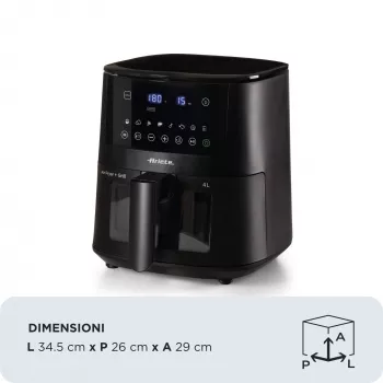 Ariete 4633, Frytkownica powietrzna 4L, 1400W, Pojemność 4L, 9 programów, Funkcja Shake and Grill, Temperatura do 200°C, Czarny