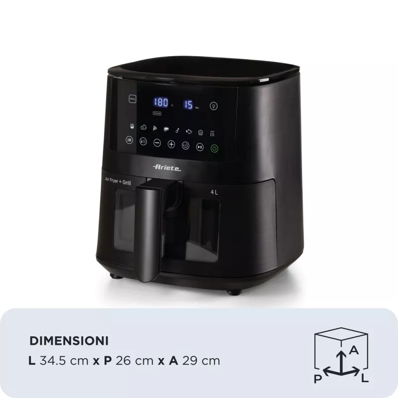 Ariete 4633, Frytkownica powietrzna 4L, 1400W, Pojemność 4L, 9 programów, Funkcja Shake and Grill, Temperatura do 200°C, Czarny