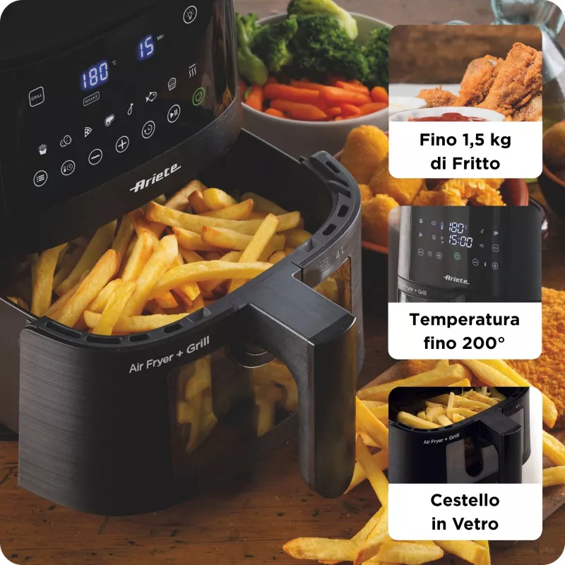 Ariete 4633, Frytkownica powietrzna 4L, 1400W, Pojemność 4L, 9 programów, Funkcja Shake and Grill, Temperatura do 200°C, Czarny