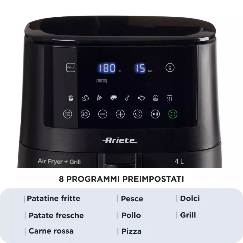 Ariete 4633, Frytkownica powietrzna 4L, 1400W, Pojemność 4L, 9 programów, Funkcja Shake and Grill, Temperatura do 200°C, Czarny