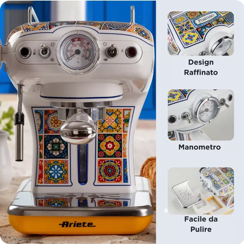 Ekspres do kawy Ariete 1389 Positano, 850 W, pojemność zbiornika 0,9 l, filtr na 1 lub 2 filiżanki, tacka ociekowa, spieniacz do mleka
