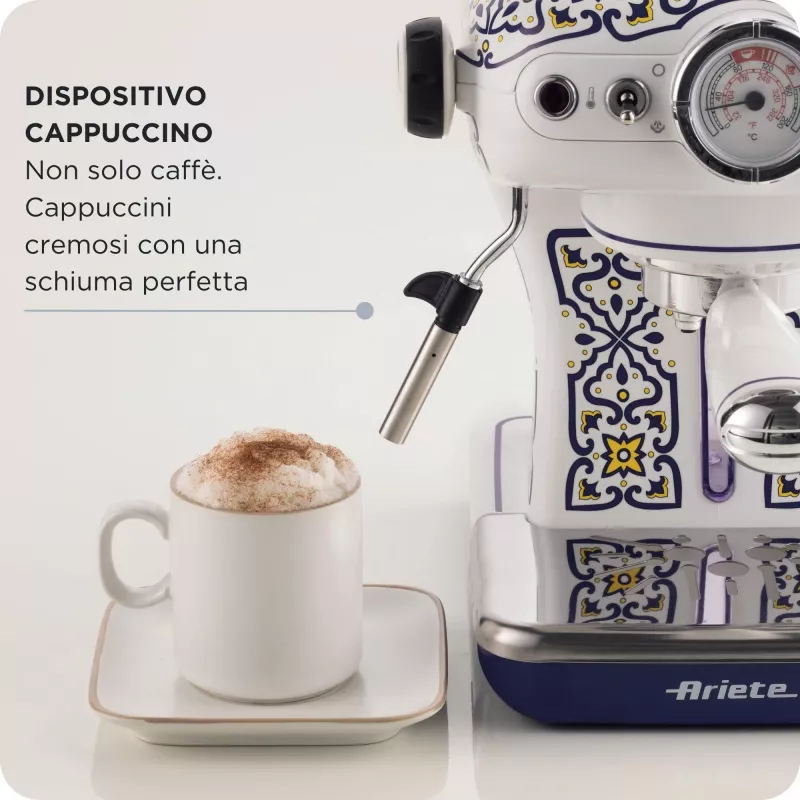 Ekspres do kawy Ariete 1389 Capri, 850 W, pojemność zbiornika 0,9 l, filtr na 1 lub 2 filiżanki, tacka ociekowa, spieniacz mleka