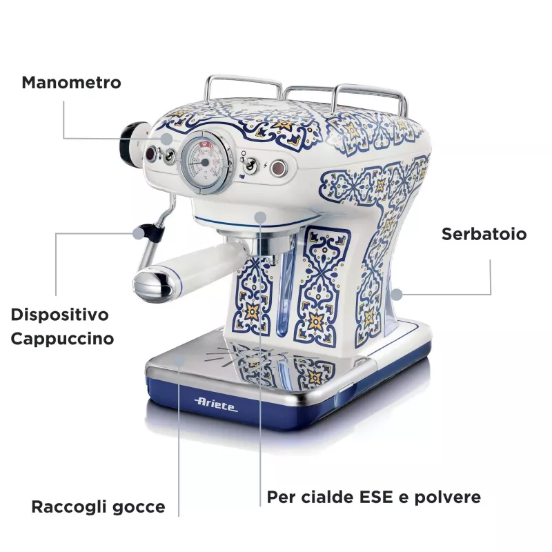 Ekspres do kawy Ariete 1389 Capri, 850 W, pojemność zbiornika 0,9 l, filtr na 1 lub 2 filiżanki, tacka ociekowa, spieniacz mleka