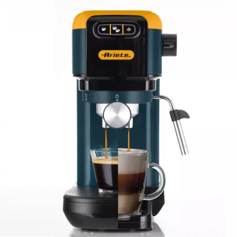 Ekspres do kawy Ariete 1399 Espresso, do kawy mielonej i saszetek ESE, 1300 W, pojemność 1,1 l, ciśnienie 15 barów, filtry na 1, 2 filiżanki i saszetki ESE, Cappuccino, żółty
