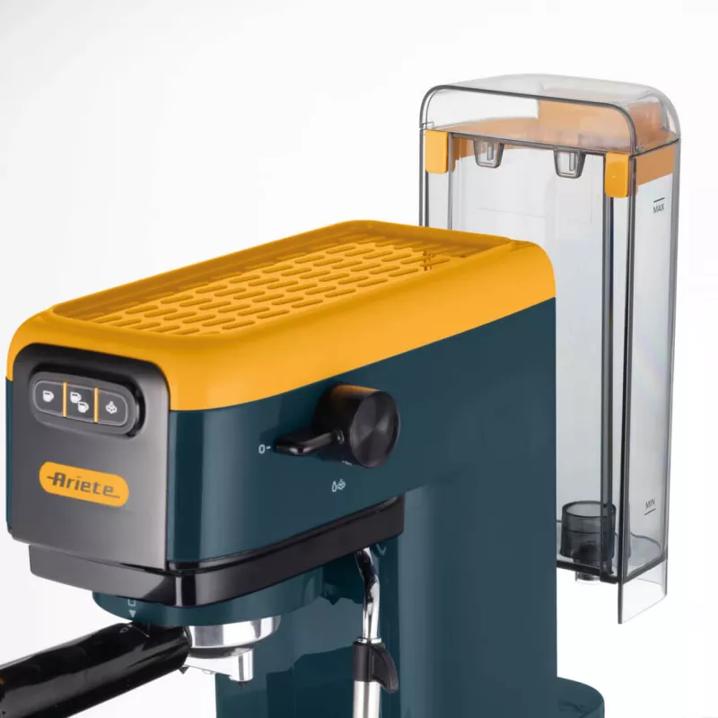 Ekspres do kawy Ariete 1399 Espresso, do kawy mielonej i saszetek ESE, 1300 W, pojemność 1,1 l, ciśnienie 15 barów, filtry na 1, 2 filiżanki i saszetki ESE, Cappuccino, żółty
