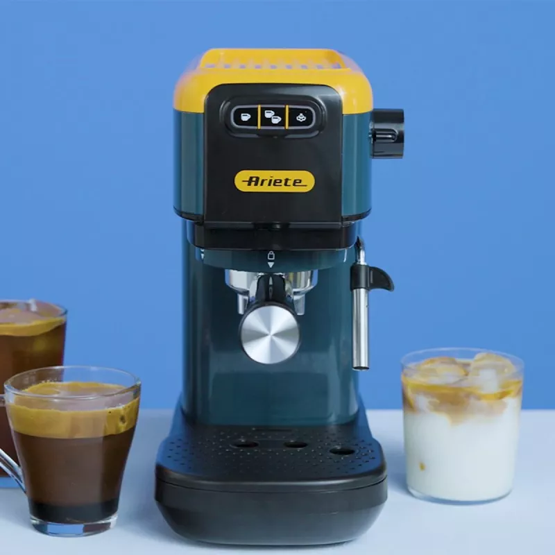 Ekspres do kawy Ariete 1399 Espresso, do kawy mielonej i saszetek ESE, 1300 W, pojemność 1,1 l, ciśnienie 15 barów, filtry na 1, 2 filiżanki i saszetki ESE, Cappuccino, żółty
