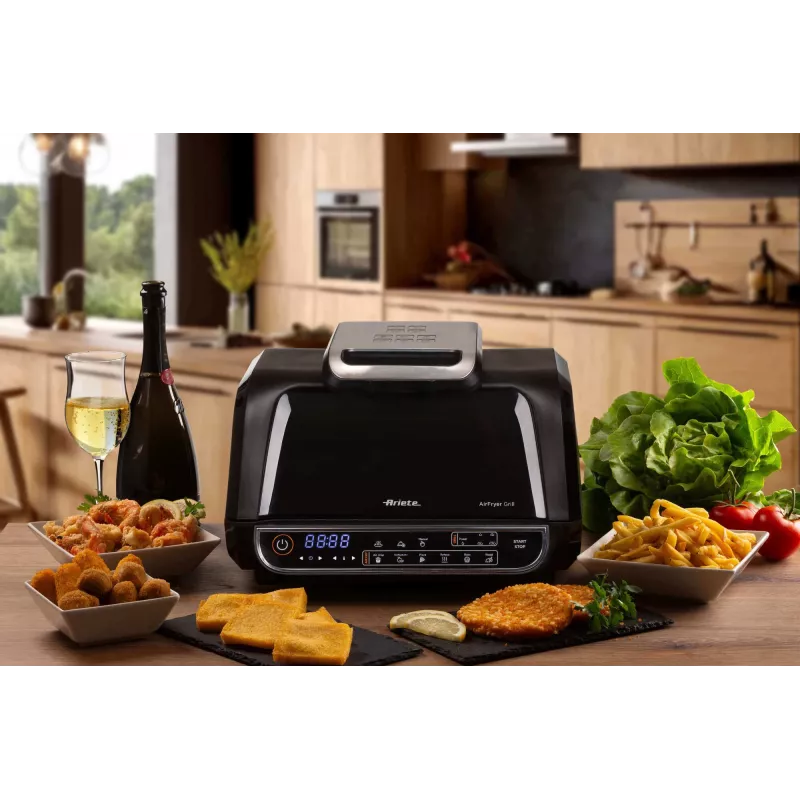 Ariete 4635 Air Fryer Grill, frytkownica powietrzna i grill, grill do steków, 1700 W, pojemność 8 l, smażenie i grillowanie, 8 funkcji gotowania, timer, czarny