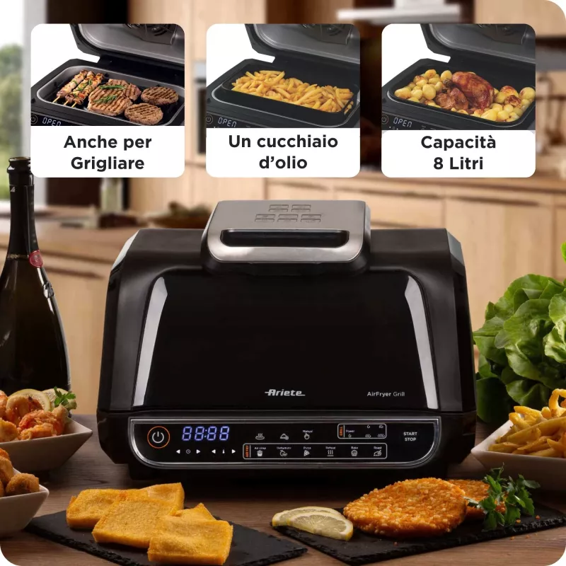 Ariete 4635 Air Fryer Grill, frytkownica powietrzna i grill, grill do steków, 1700 W, pojemność 8 l, smażenie i grillowanie, 8 funkcji gotowania, timer, czarny
