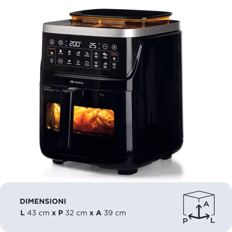 Ariete 4636 Air fryer z steam function + Grill, 1700W, Dehydrating function, 10 cooking functions, Transparent basket, Timer, Czarny
