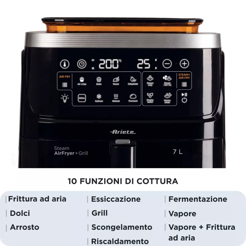 Ariete 4636 Air fryer z steam function + Grill, 1700W, Dehydrating function, 10 cooking functions, Transparent basket, Timer, Czarny