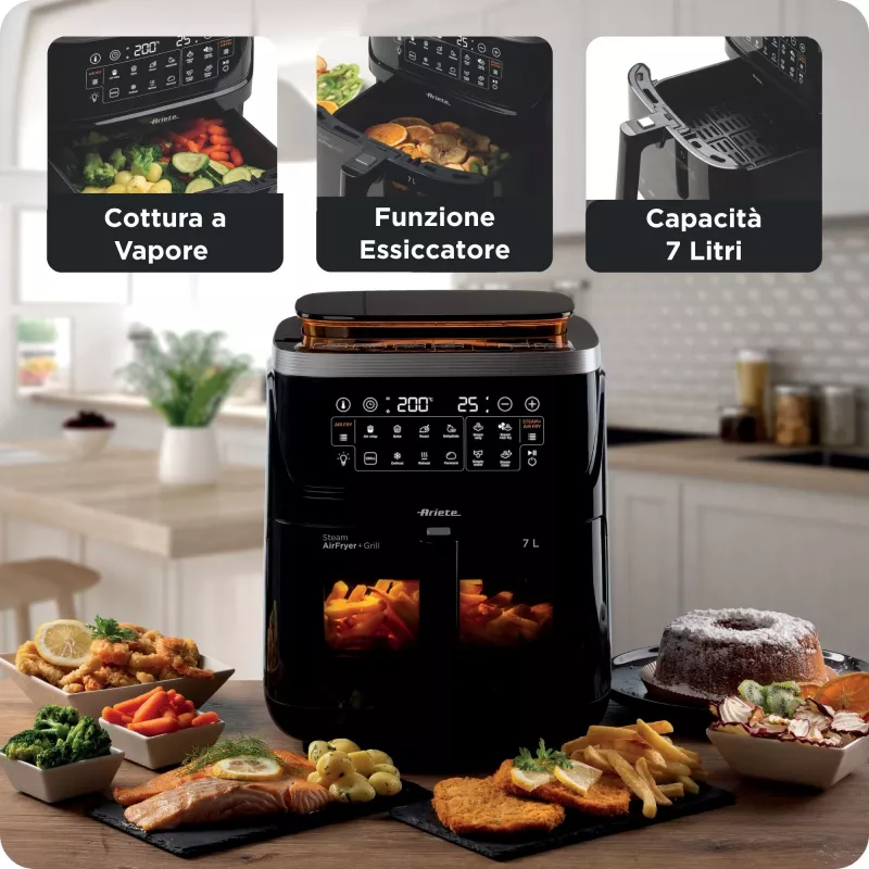 Ariete 4636 Air fryer z steam function + Grill, 1700W, Dehydrating function, 10 cooking functions, Transparent basket, Timer, Czarny