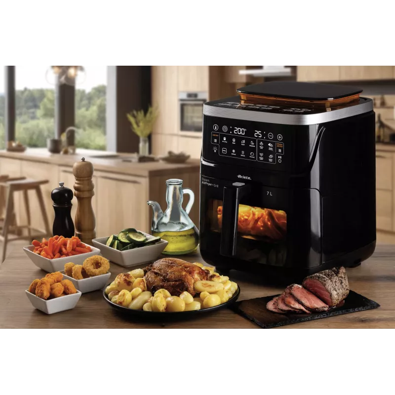 Ariete 4636 Air fryer z steam function + Grill, 1700W, Dehydrating function, 10 cooking functions, Transparent basket, Timer, Czarny