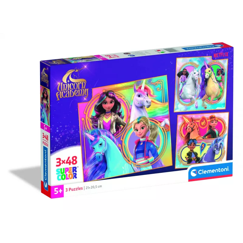 Clementoni 3x48 szt. Puzzle Unicorn Academy, 5 lat Clementoni 3x48 szt. Puzzle Unicorn Academy. Zalecany wiek (min.): 5 lat