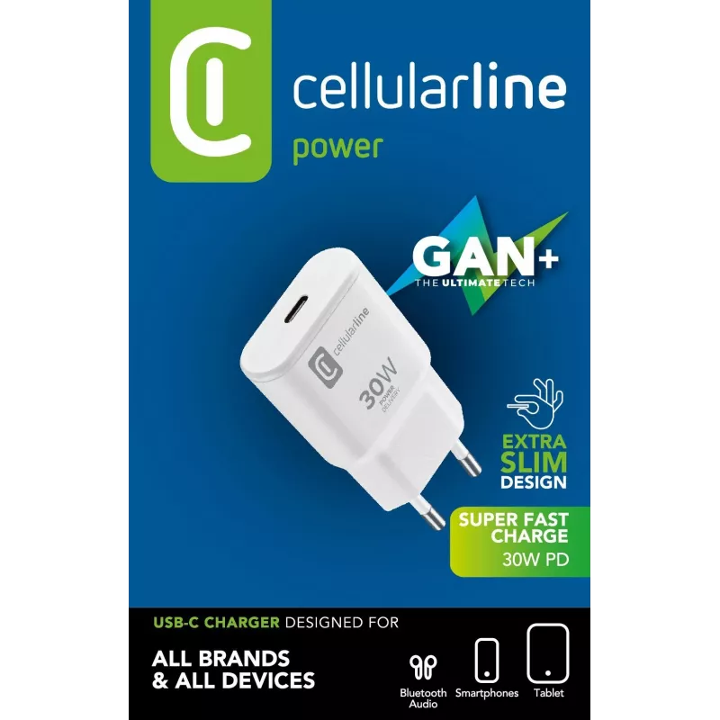 Ładowarka sieciowa GAN USB-C 30W PD Cellularline z technologią GaN