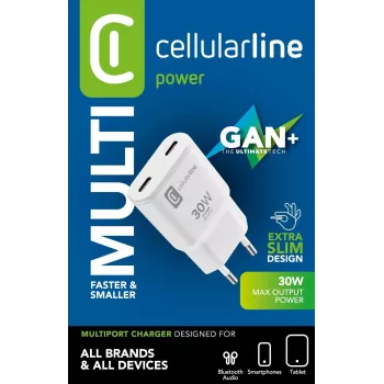 Ładowarka sieciowa Cellularline GAN 2xUSB-C 30W PD z technologią GaN