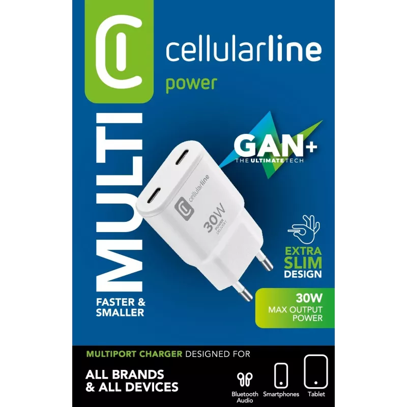 Ładowarka sieciowa Cellularline GAN 2xUSB-C 30W PD z technologią GaN