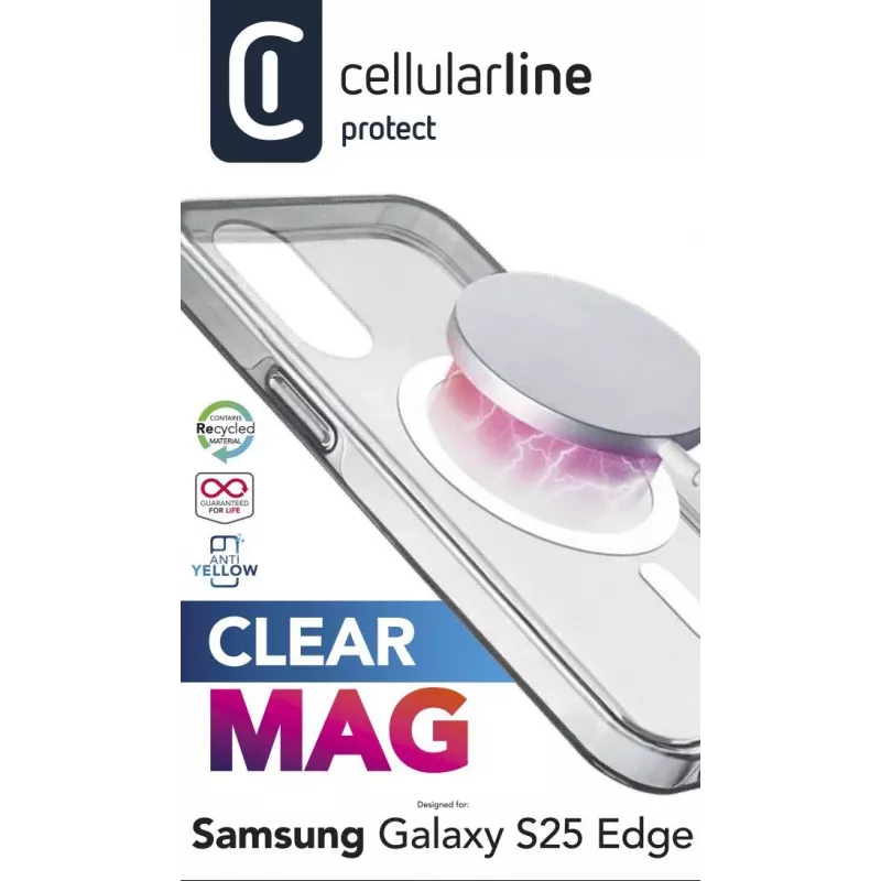 Cellularline Clear Mag - Galaxy S25 Edge Ultraodporne przezroczyste etui z gumową krawędzią, kompatybilne z ekosystemem Qi2 i akcesoriami magnetycznymi, zabezpieczone przed żółknięciem.