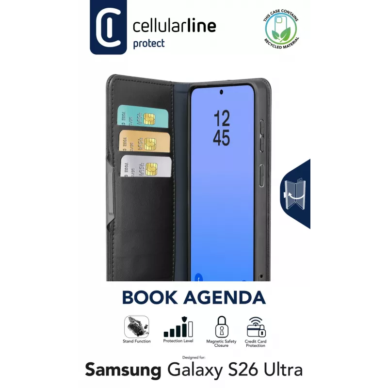 Cellularline Book Agenda – etui książkowe Galaxy S26 Ultra z wykończeniem z ekoskóry, magnetycznym zamknięciem, ochroną RFID i funkcją podstawki.