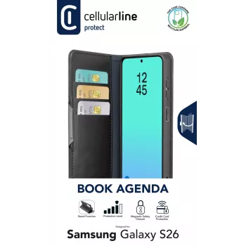 Cellularline Book Agenda - Etui książkowe Galaxy S26 z wykończeniem ze skóry ekologicznej, zamknięciem magnetycznym, ochroną RFID i funkcją podstawki.