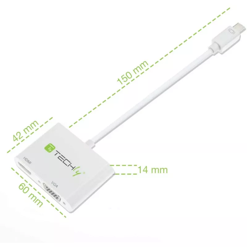 Adapter Techly Mini DisplayPort na HDMI/VGA, 0,15 m, Mini DisplayPort, HDMI + VGA (D-Sub), Męski, Żeński, 1920 x 1200 pikseli