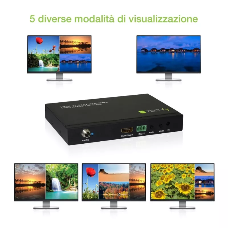 Techly HDMI 4x1 Multi-viewer z bezszwowym przełącznikiem, HDMI, Metal, Czarny, 60 Hz, 1080p, 2.25 Gbit/s