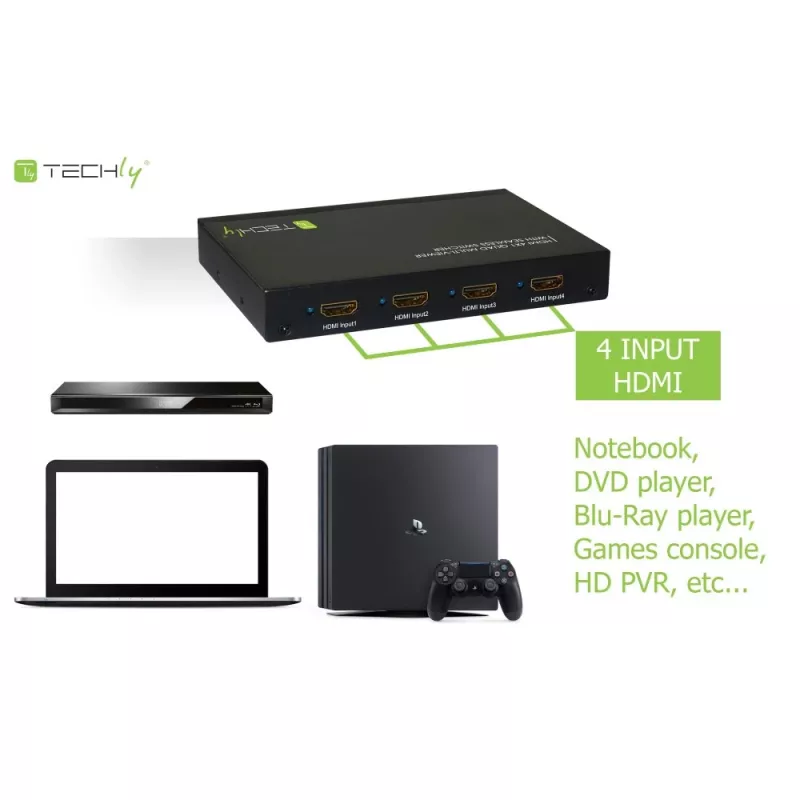 Techly HDMI 4x1 Multi-viewer z bezszwowym przełącznikiem, HDMI, Metal, Czarny, 60 Hz, 1080p, 2.25 Gbit/s