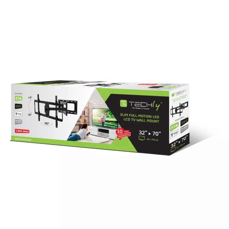 Techly cienki Wall Mount for 32-70 inch LCD LED TV Czarny, 81,3 cm (32 cale), 177,8 cm (70 cali), 45 kg, 600 x 400 mm, -10 - 5°, Czarny