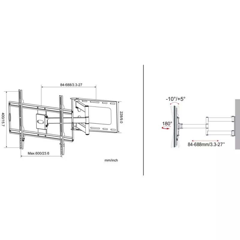 Techly cienki Wall Mount for 32-70 inch LCD LED TV Czarny, 81,3 cm (32 cale), 177,8 cm (70 cali), 45 kg, 600 x 400 mm, -10 - 5°, Czarny