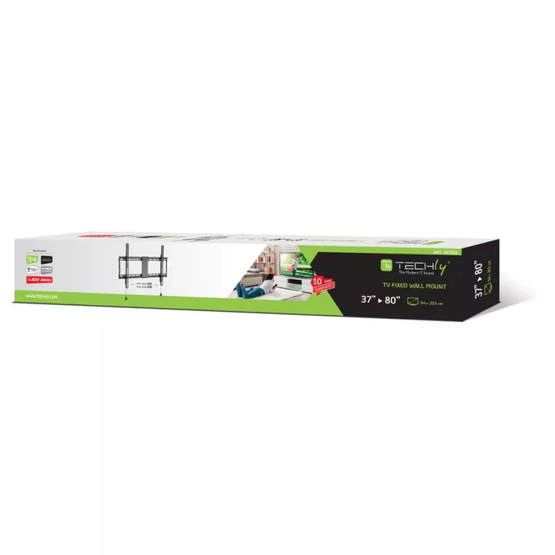Techly Uchwyt Ścienny Stały do LED TV LCD 37-80 cali, 94 cm (37 cali), 2.03 m (80 cali), 70 kg, 200 x 200 mm, 600 x 400 mm, Czarny