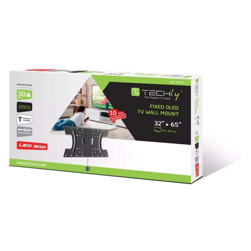 Techly cienki Wall Bracket dla telewizorów OLED 32-65 cali Czarny, 81.3 cm (32 cale), 165.1 cm (65 cali), 30 kg, 100 x 100 mm, 400 x 200 mm, Czarny