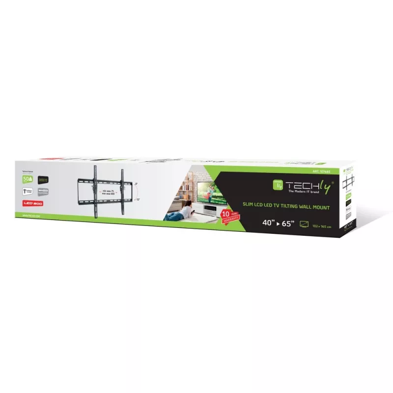 Techly Stały uchwyt ścienny LED TV LCD 40-65 cali, 165,1 cm (65 cali), 200 x 200 mm, 600 x 400 mm, -12 - 0°, Metal, Czarny