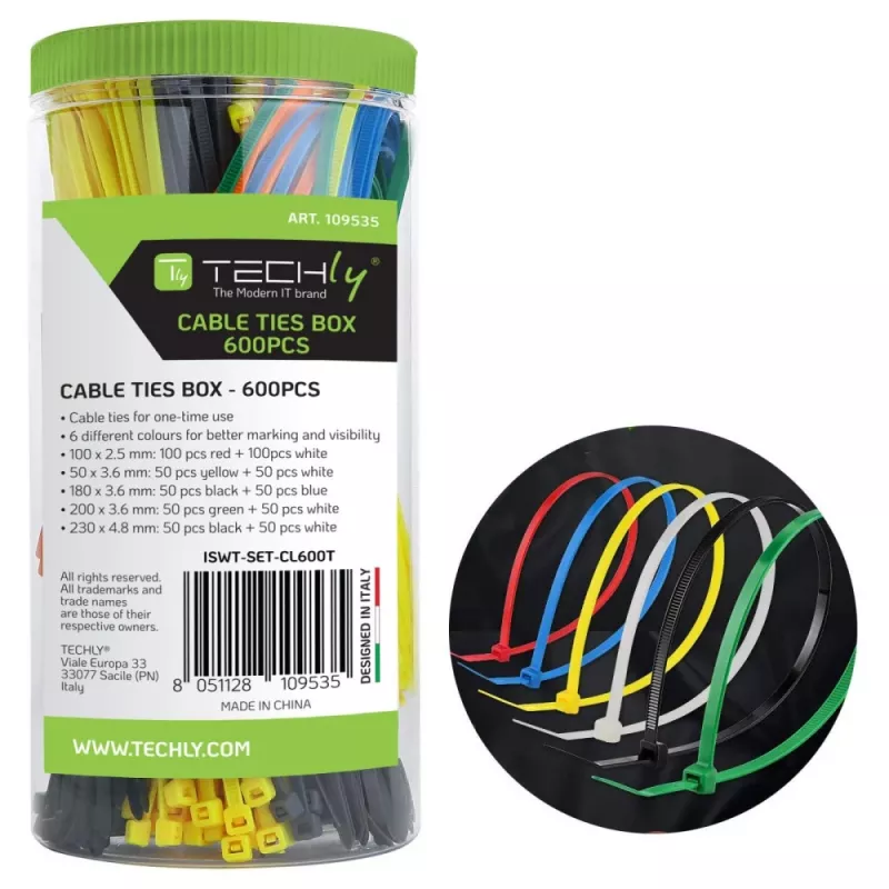 Techly ISWT-SET-CL600T opaska kablowa Opaska kablowa z wejściem równoległym Nylon Wielokolorowy 600 szt.