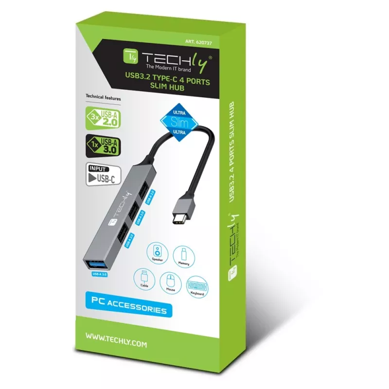 Stacja dokująca/replikator portów Techly IUSB32-HUB4C-3U2SLS przewodowa USB 3.2 Gen 1 (3.1 Gen 1) Type-C szary