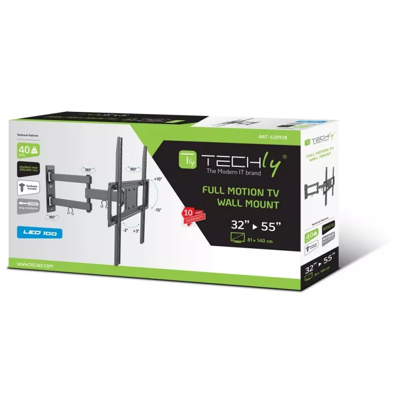 Techly 32-55 cali Full-Motion LED LCD TV Uchwyt ścienny, 400 x 400 mm, -15 - 10°, 10 - 90°, 180°, Stal, Czarny