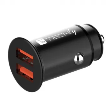 Techly Mini ładowarka samochodowa 2 porty USB-A Quick Charge 3.0 36 W w czarnej metalowej obudowie
