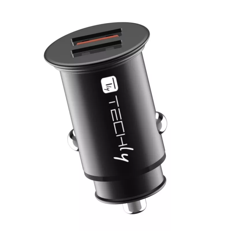 Techly Mini ładowarka samochodowa 2 porty USB-A Quick Charge 3.0 36 W w czarnej metalowej obudowie