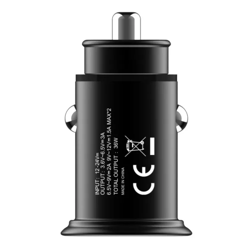 Techly Mini ładowarka samochodowa 2 porty USB-A Quick Charge 3.0 36 W w czarnej metalowej obudowie