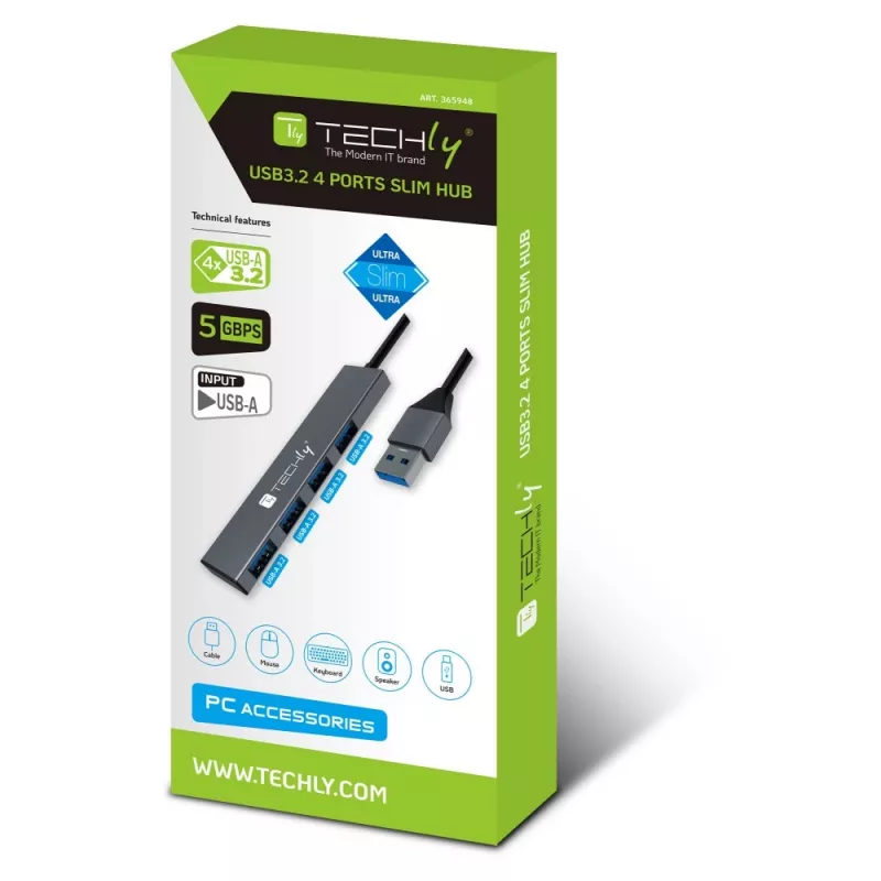 Techly IUSB32-HUB4A-4U3SL stacja dokująca/replikator portów do laptopa Przewodowa USB 3.2 Gen 1 (3.1 Gen 1) Typ-A Szary