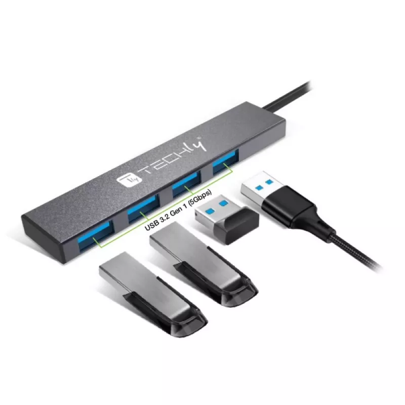 Techly IUSB32-HUB4A-4U3SL stacja dokująca/replikator portów do laptopa Przewodowa USB 3.2 Gen 1 (3.1 Gen 1) Typ-A Szary