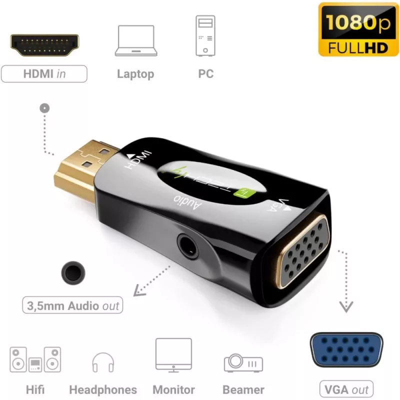 Techly IDATA HDMI-VGA2MABT2 konwerter sygnału wideo Pasywny konwerter wideo 1920 x 1080 pikseli